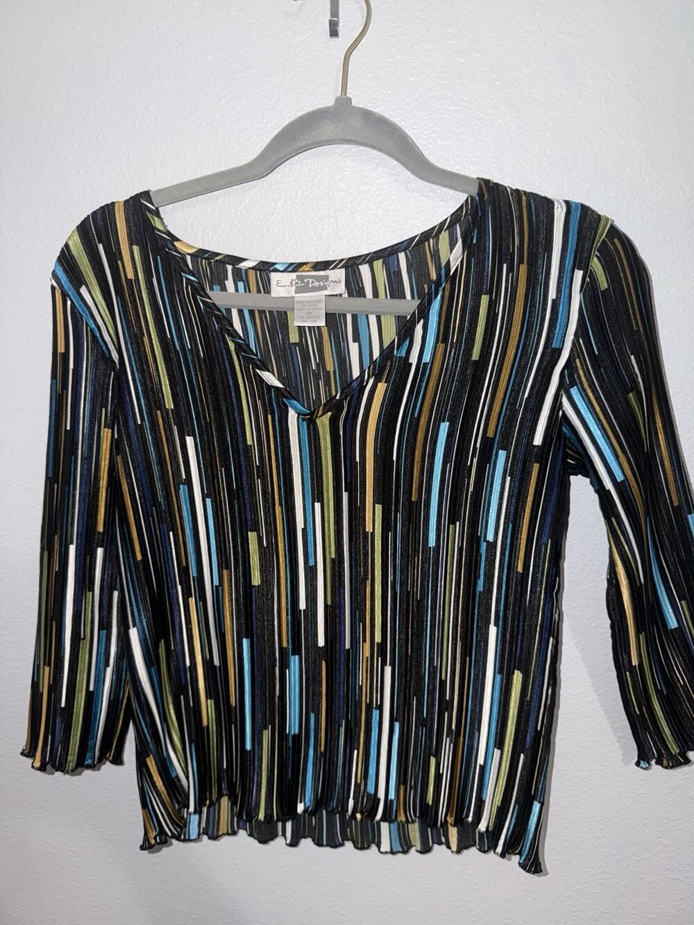 Vintage Y2K E.K. Designs V-neck pleated top Medium Striped Black Blue (AN17)